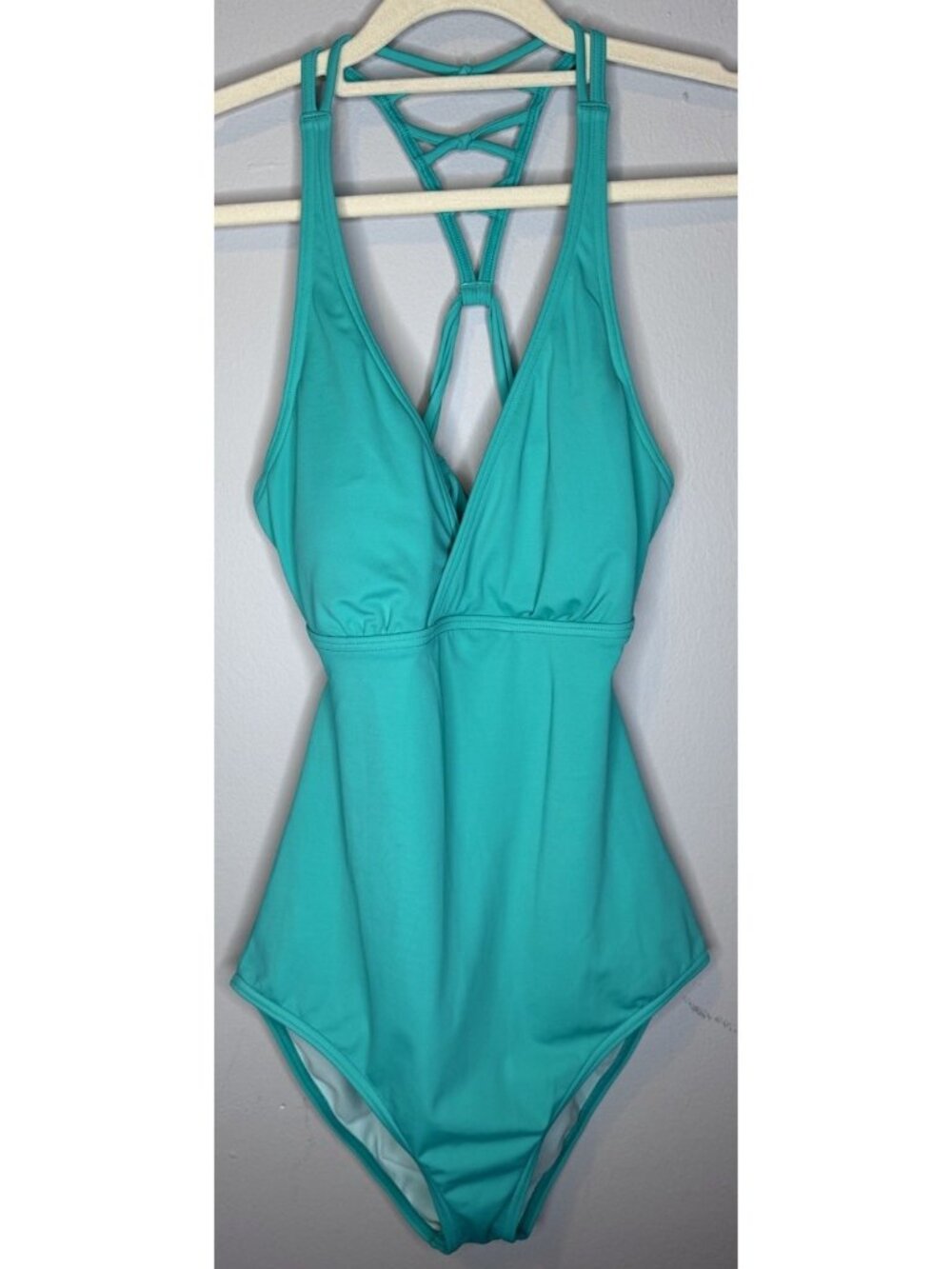 Prana Atalia one-piece swimsuit Medium Teal Blue Strappy Open Back Womens